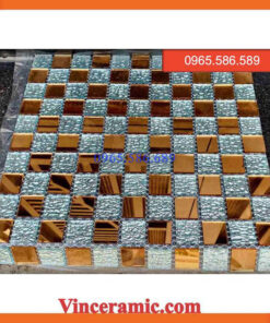 Gạch Mosaic thuỷ tinh màu vàng-xám caro VINTT005
