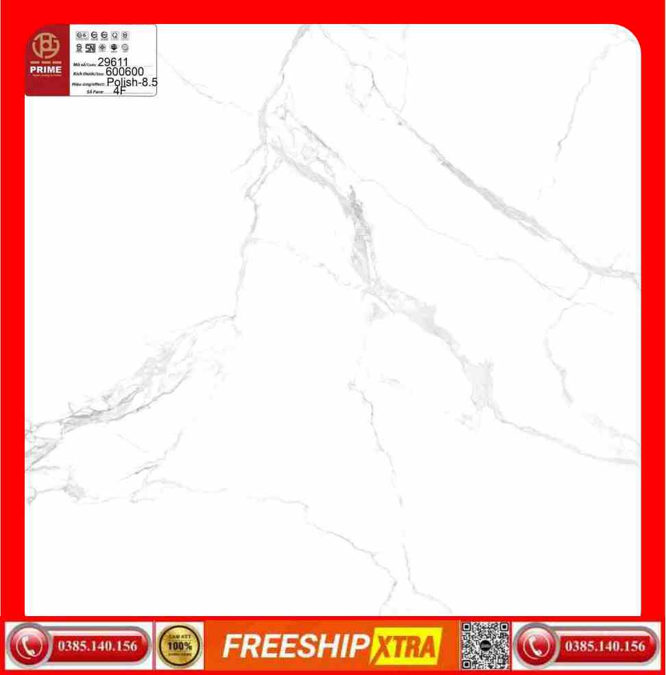 Gạch 60x60 Prime 29611 màu trắng vân xám khói