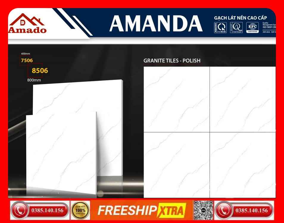 Gạch 60x60-7506 Amanda 80x80-8506 trắng vân xám khói